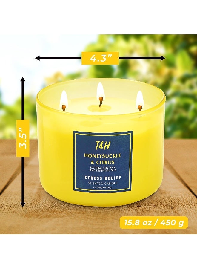 T&H Large 3-Wick Aromatherapy Scented Candles for Home - Honeysuckle Citrus Stress Relief Candle with Grapefruit & Mint - Natural Soy Candles Clean Burning - Relaxing Candle for Women & Men - Image 5